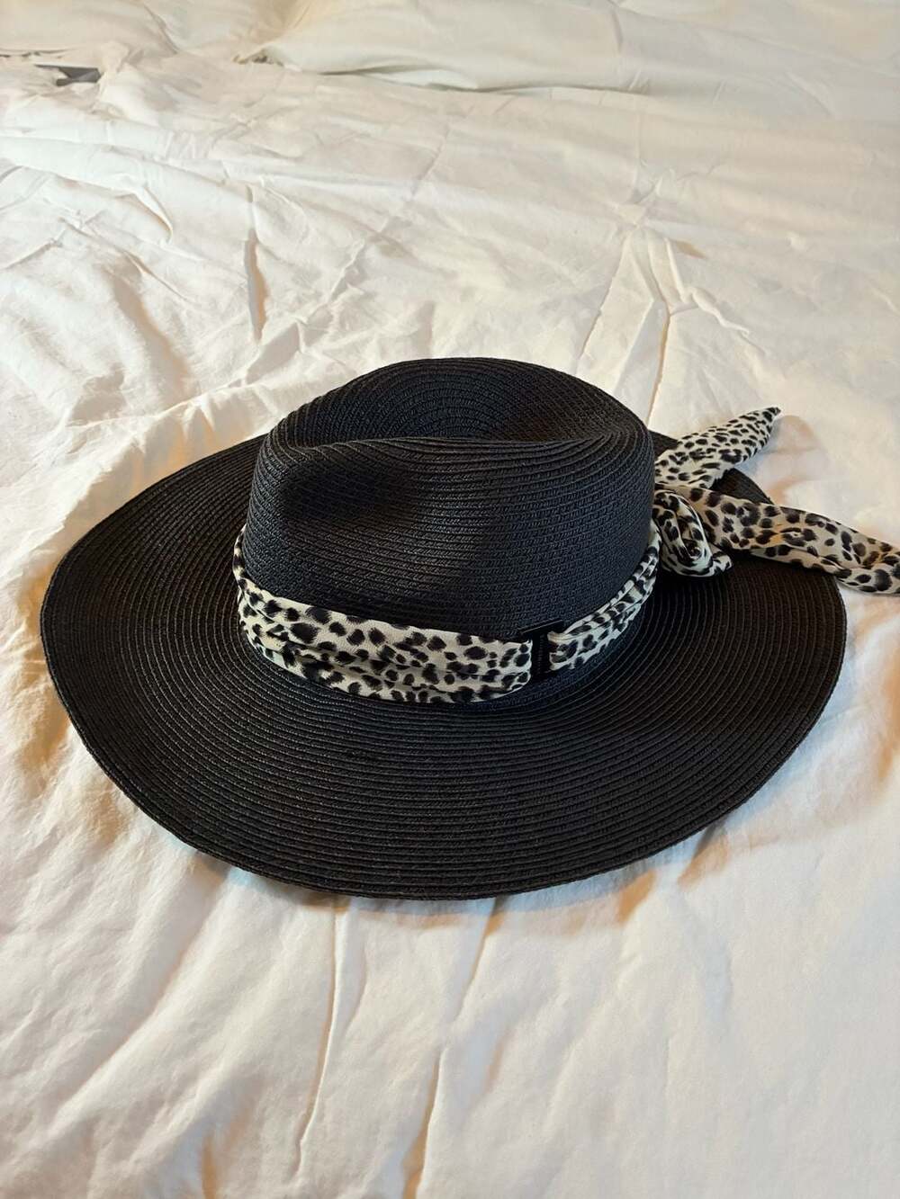Kooringal Black Straw Sun Hat with Leopard Print Bow Scarf UPF 50+
